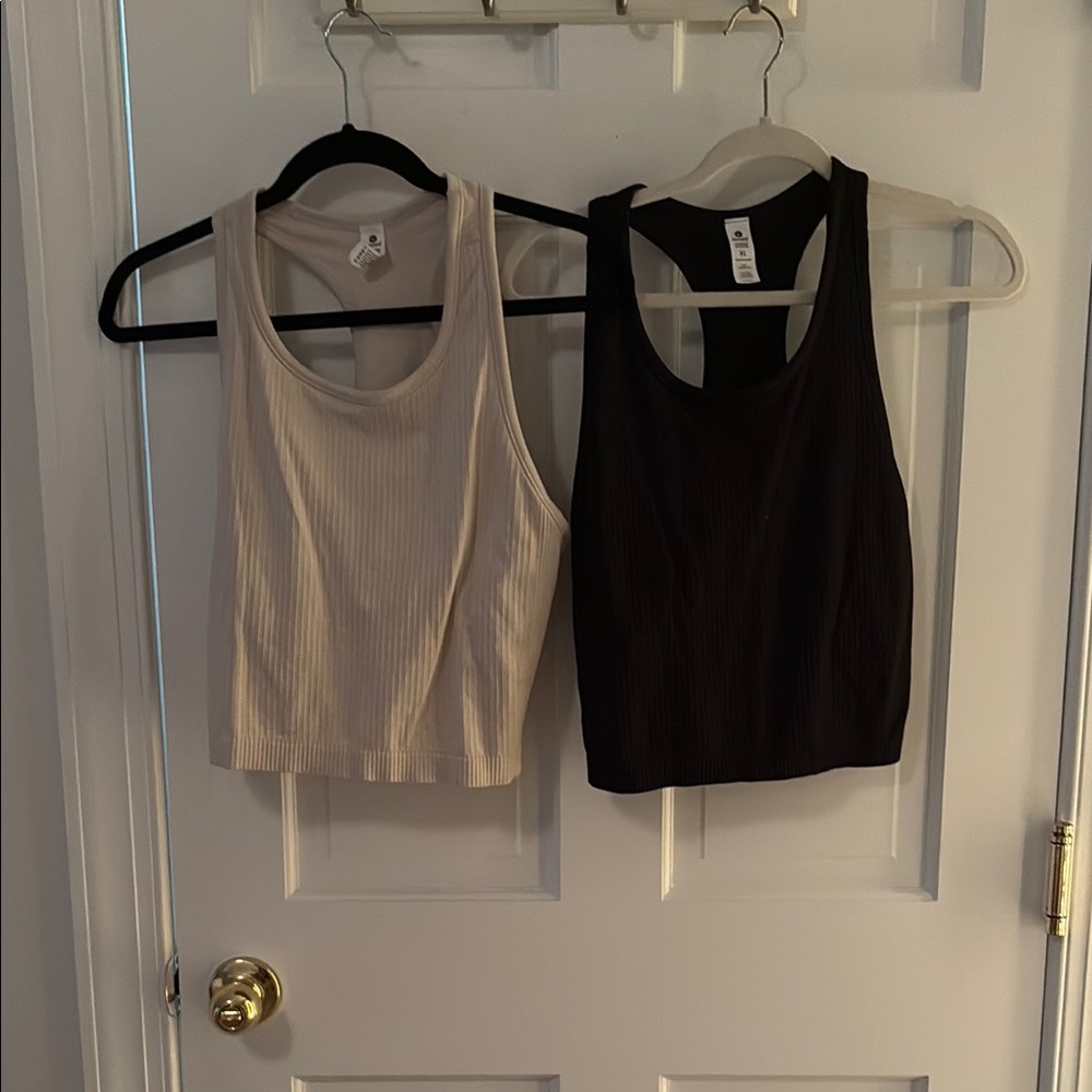 90 Degree By Reflex Cream and Black Fitted Crop Tank Tops